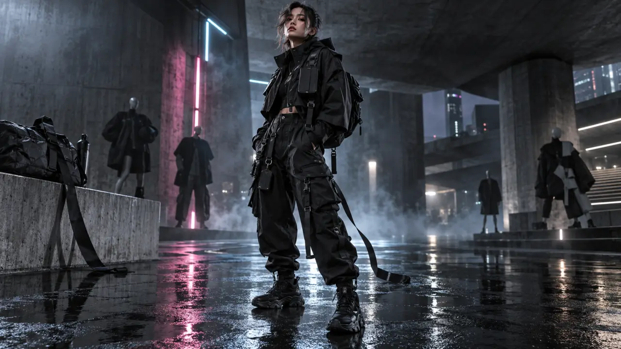 Silhouette urbaine futuriste vêtue de pièces techwear noires sous des lumières néon