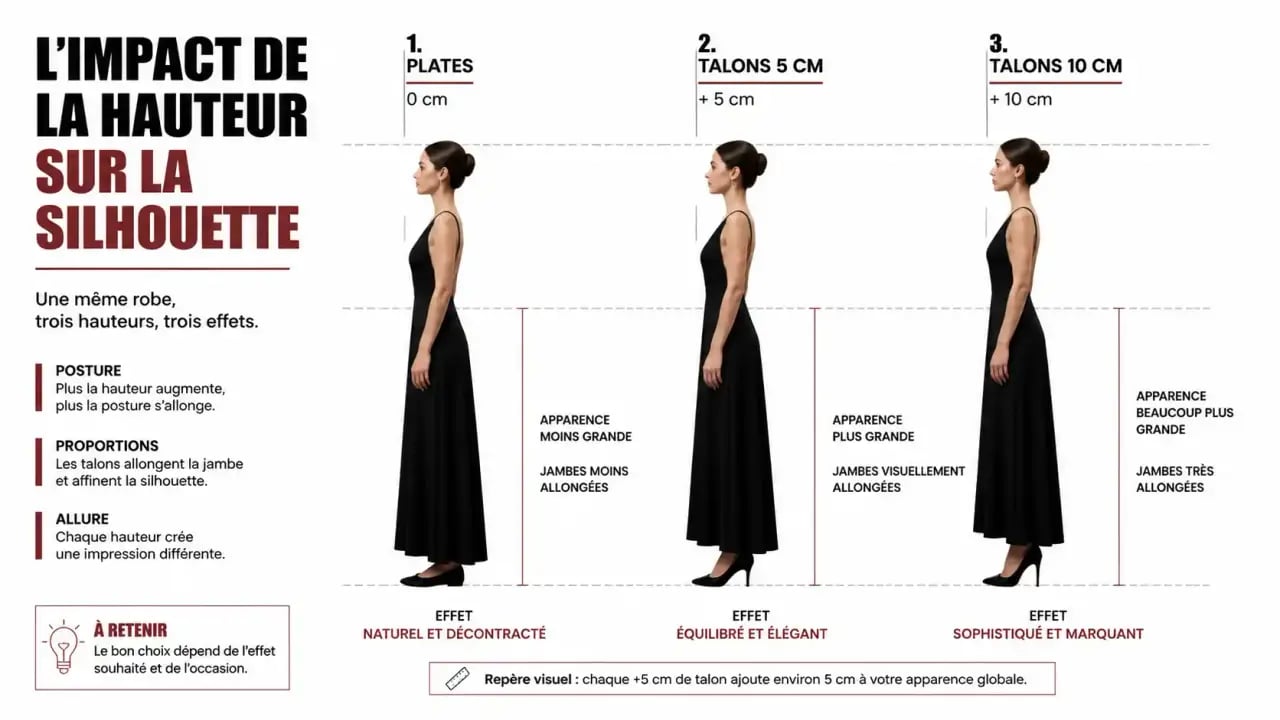 Infographie comparant l'impact de la hauteur des chaussures sur la silhouette avec une robe longue