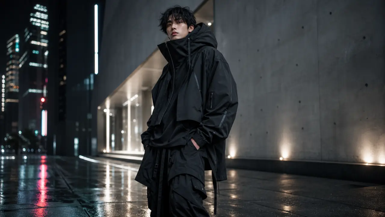 Silhouette techwear futuriste en mouvement sous lumières néon