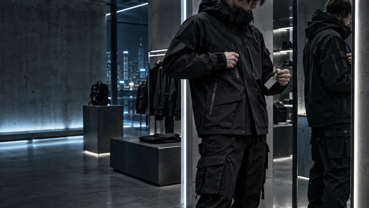 Mannequin portant une tenue techwear futuriste dans une rue éclairée au néon