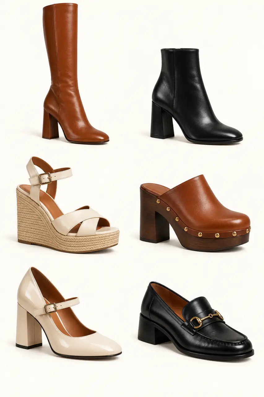 Sélection de chaussure femme année 70 : bottes, bottines, babies, sabots et mocassins rétro