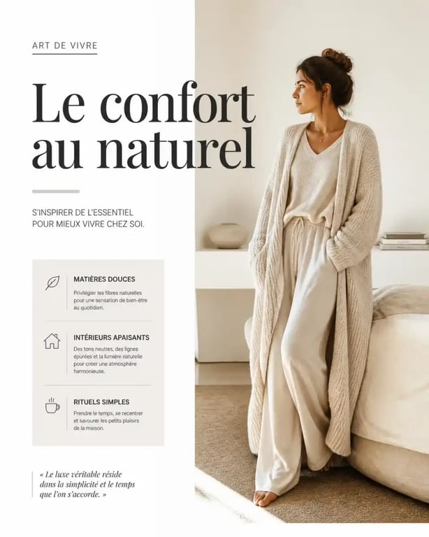 Tenue cocooning femme portée à la maison avec pull oversize et pantalon fluide