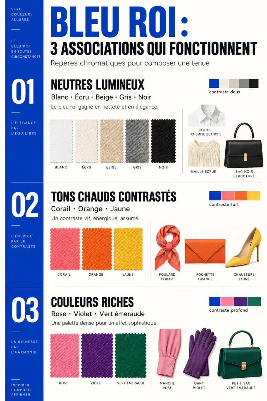 Infographie mode : quelle couleur va avec le bleu roi vêtement, des neutres aux accents vifs