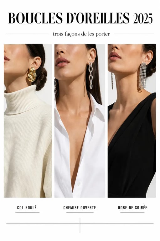 Boucle d oreilles tendance 2025 portées avec col roulé, chemise ouverte et robe de soirée dans un look éditorial