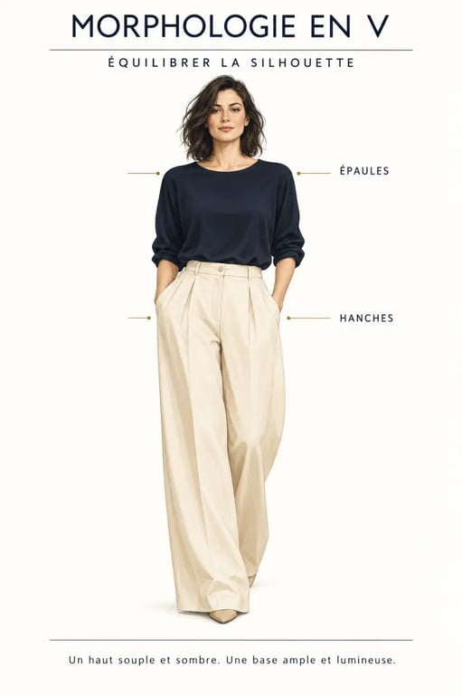 Morphologie en V femme : équilibre visuel entre épaules, hanches et vêtements