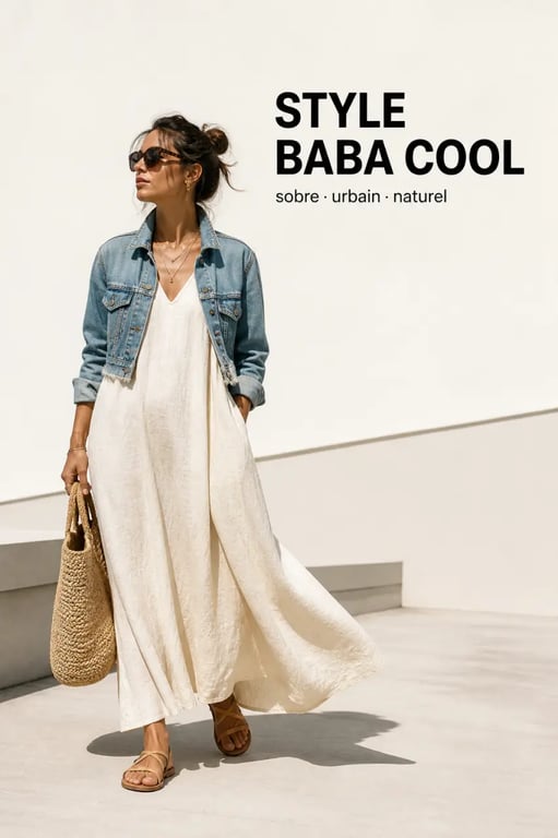 Style baba cool moderne avec robe longue fluide, veste en jean et accessoires naturels