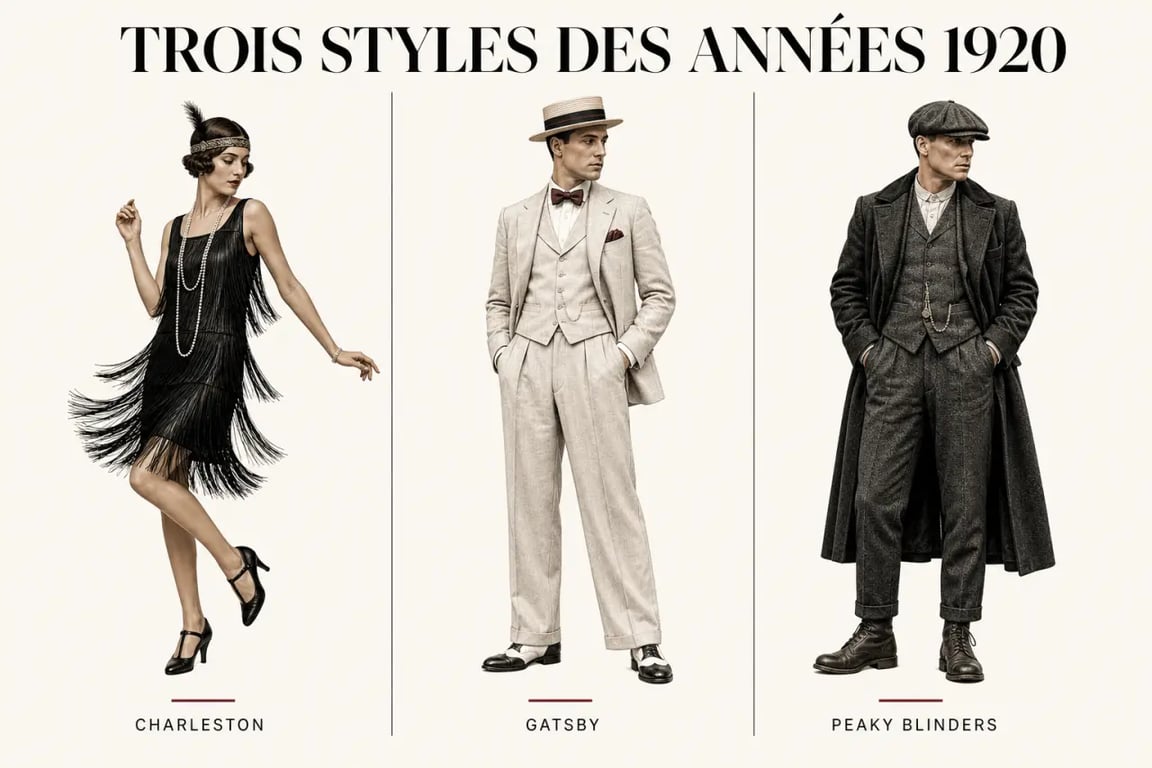 vetement annee 20 comparatif Charleston Gatsby Peaky Blinders en triptyque