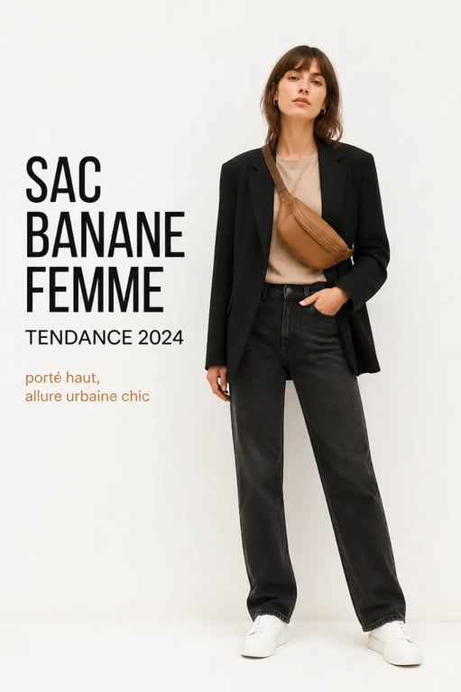Sac banane femme tendance 2024 porté en bandoulière sur une tenue urbaine chic
