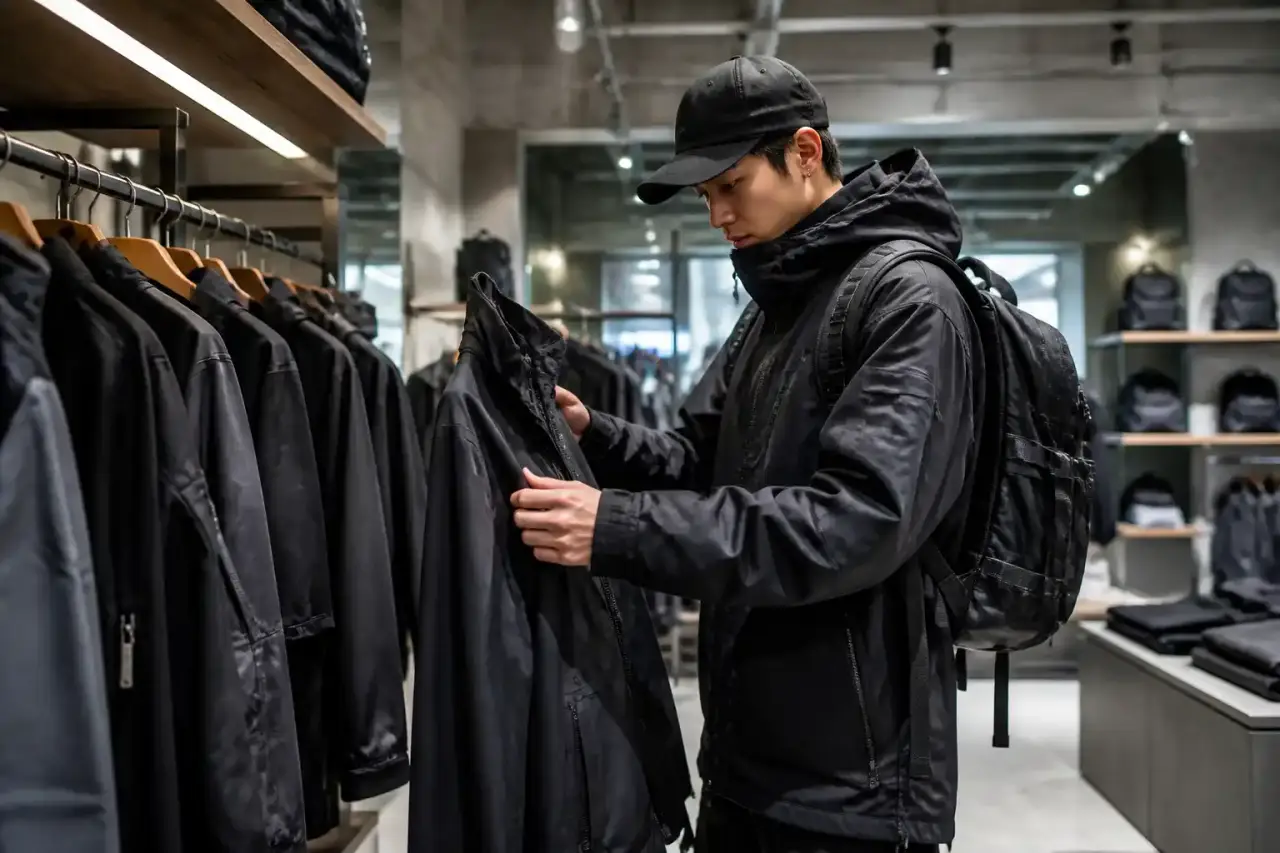 Silhouette techwear futuriste en ville nocturne avec lumières néon violettes et vert acide