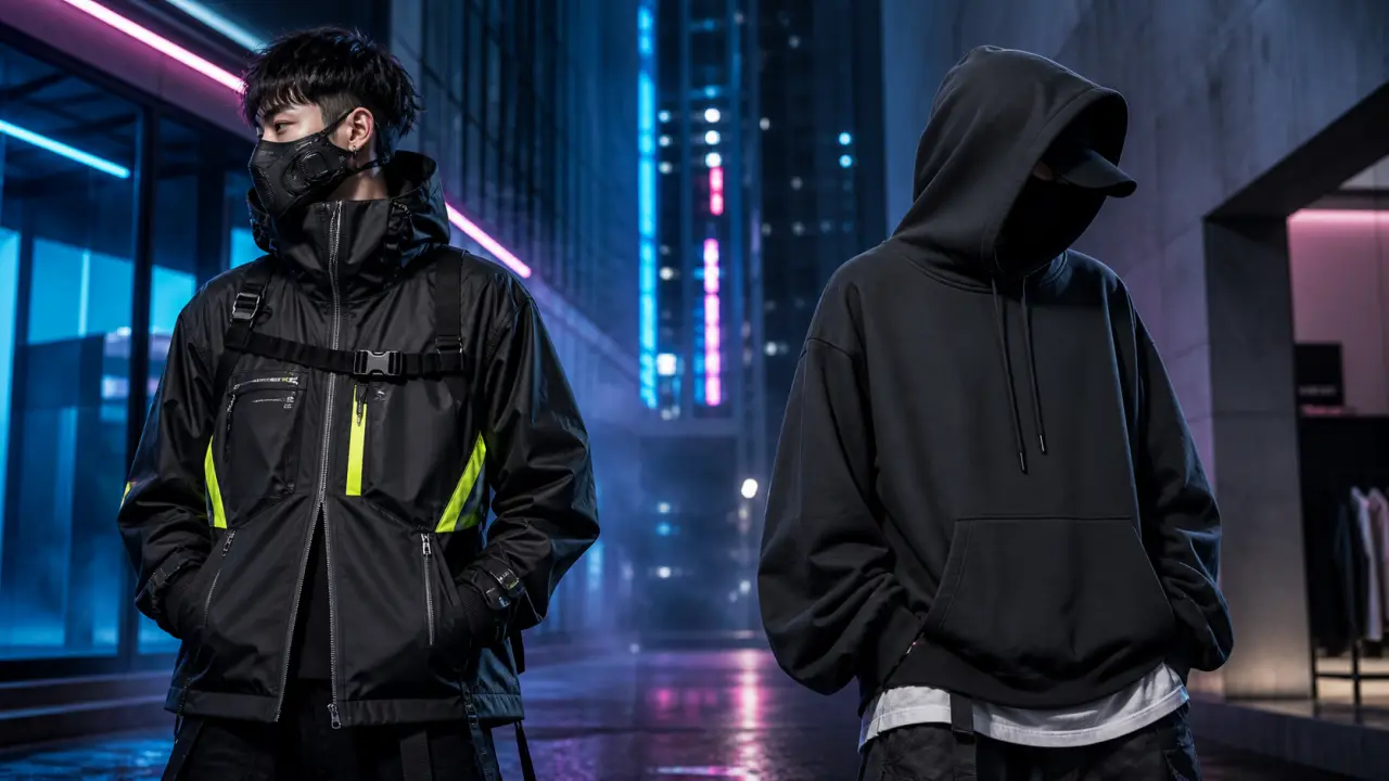 Mannequin en tenue streetwear futuriste sous des néons violets et vert acide