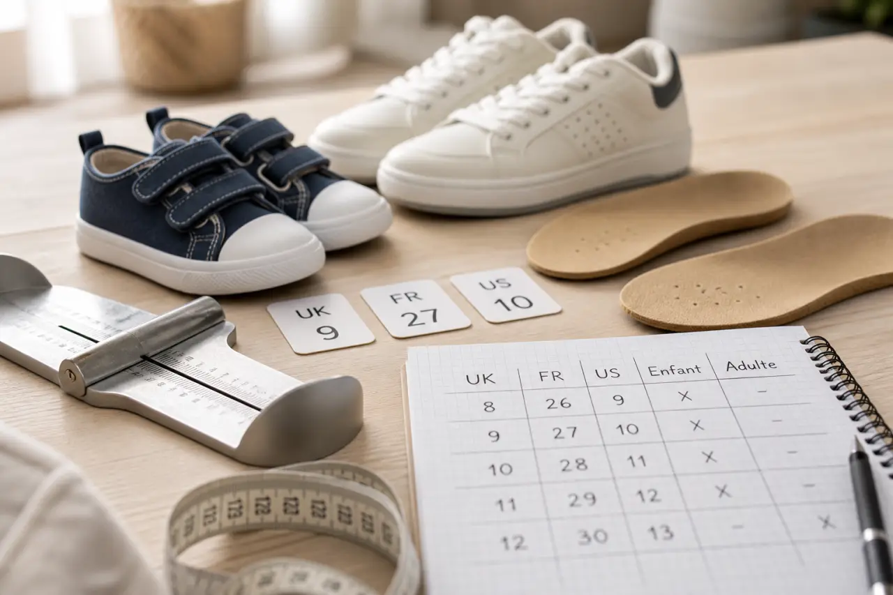 Pointure UK, FR et US : tableau de correspondance et pièges enfant-adulte