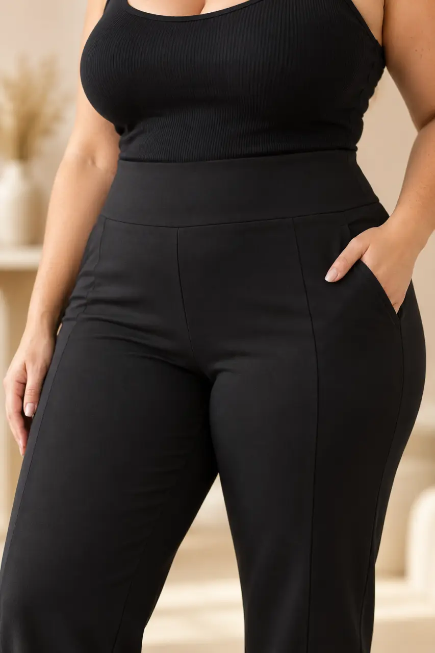 Un pantalon taille haute confortable pour femme ronde, sans ceinture qui comprime
