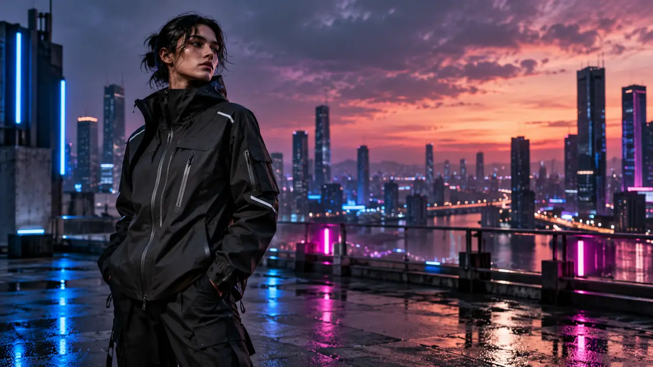 Veste Cyber Tech noire portée dans un environnement urbain éclairé au néon