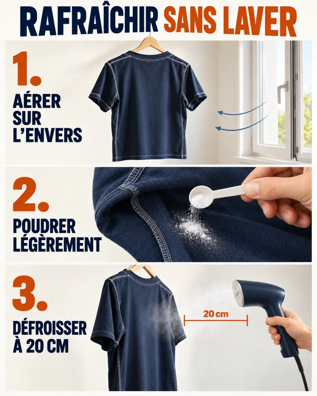 Illustration pour enlever odeur transpiration vêtement sans laver avec aération, bicarbonate et vapeur