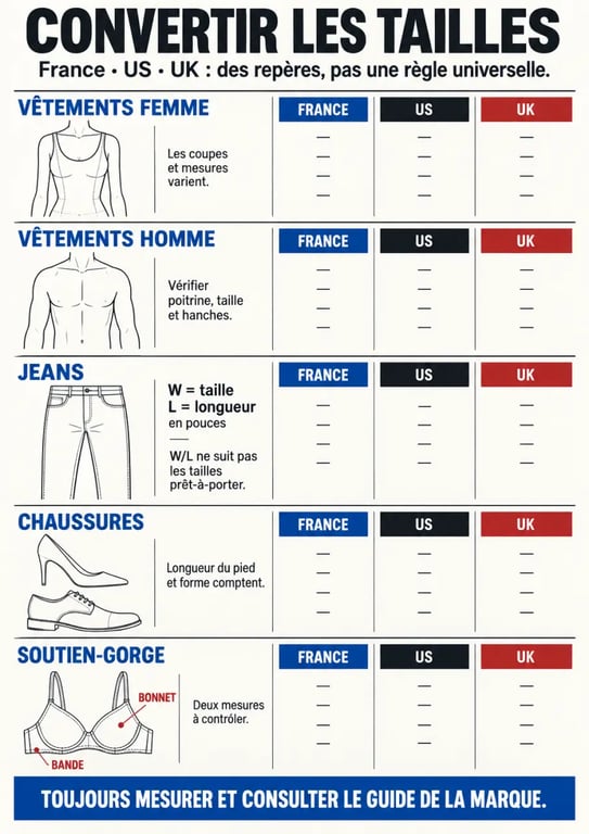 Infographie comparative sur la taille France et US pour vêtements, jeans, chaussures et soutien-gorge
