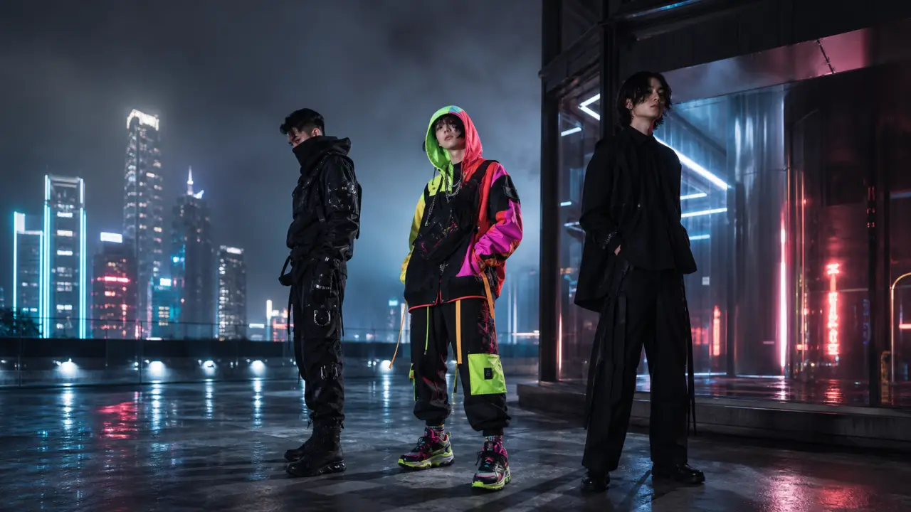 Tenue streetwear futuriste avec effets néon violet et vert acide