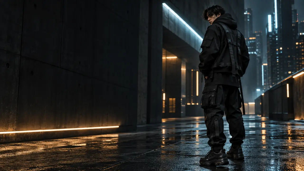 Silhouette urbaine portant un hoodie oversize dans un look techwear futuriste