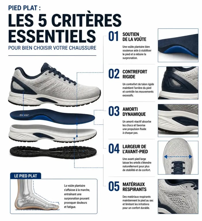 Infographie des critères techniques pour choisir une chaussure pour pied plat femme.