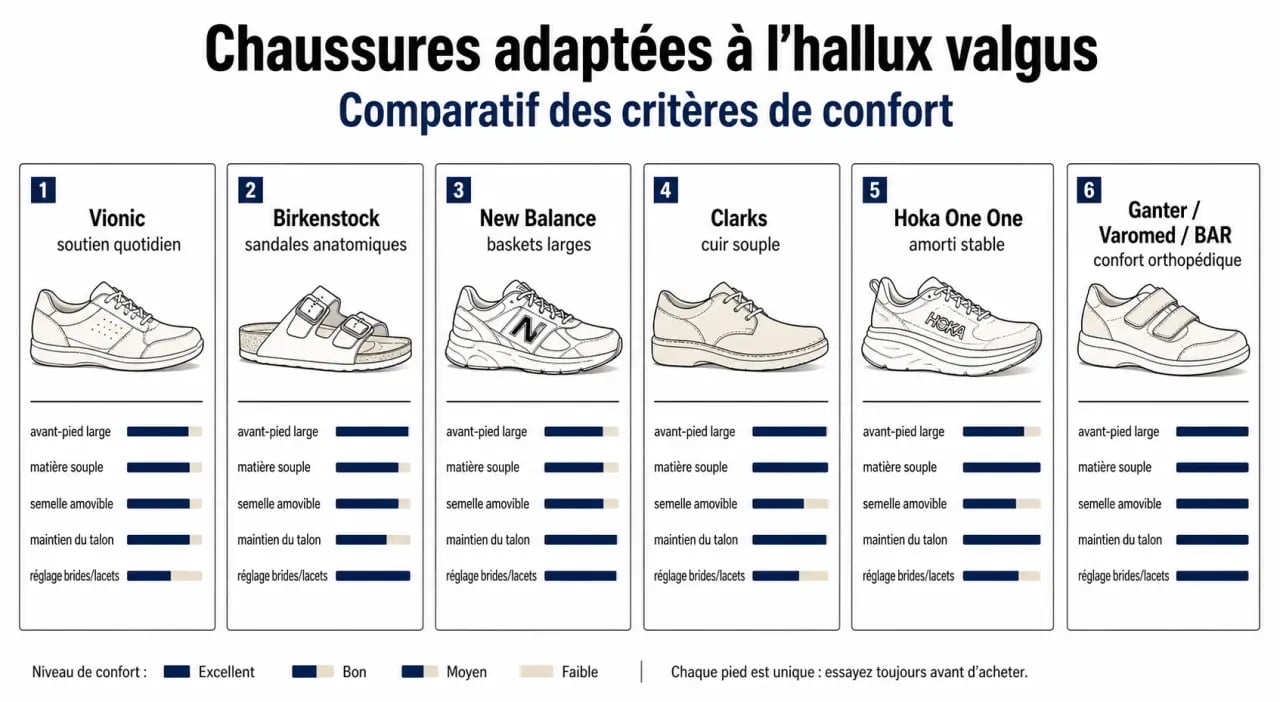 Quelle marque de chaussures pour hallux valgus : comparaison des marques adaptées selon la largeur, la souplesse et le maintien
