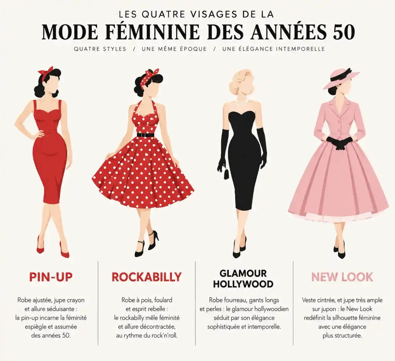 Vêtement année 50 : comparaison des silhouettes pin-up, rockabilly, glamour Hollywood et New Look