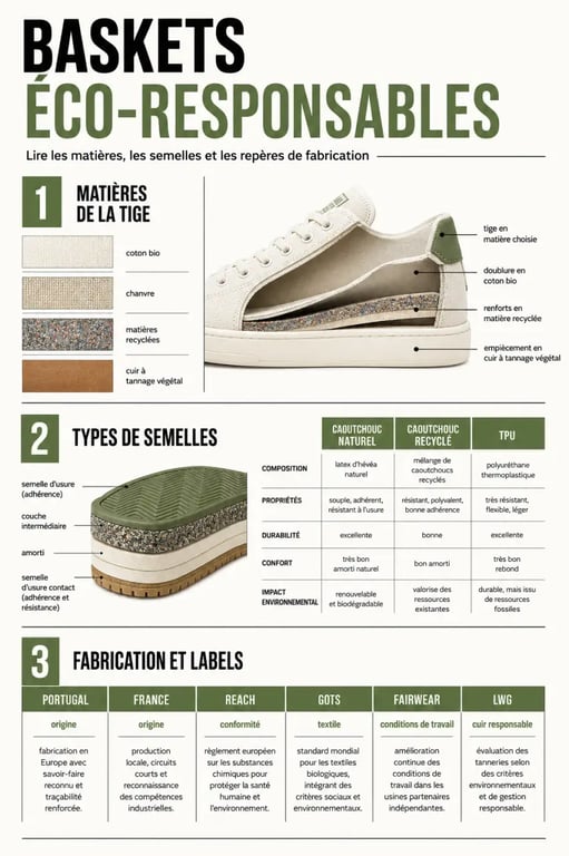 Comparatif des baskets eco responsables : matières, semelles, labels et lieux de fabrication