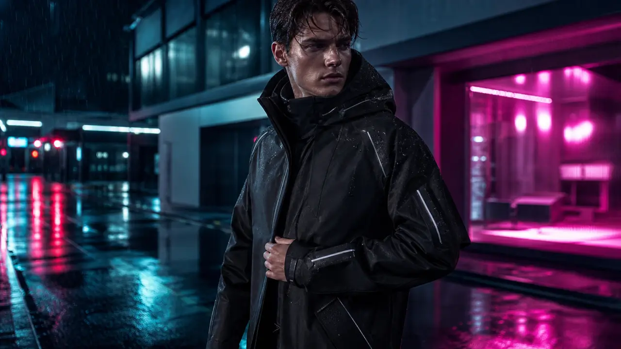 Veste Cyber Tech portée en environnement urbain nocturne, éclairage néon violet et vert acide