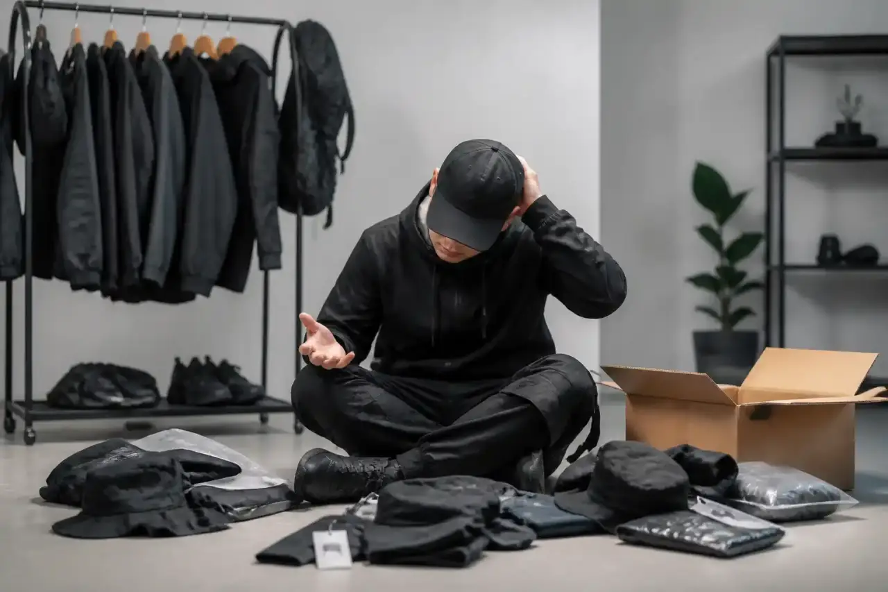 Silhouette techwear urbaine sous néons violets et vert acide