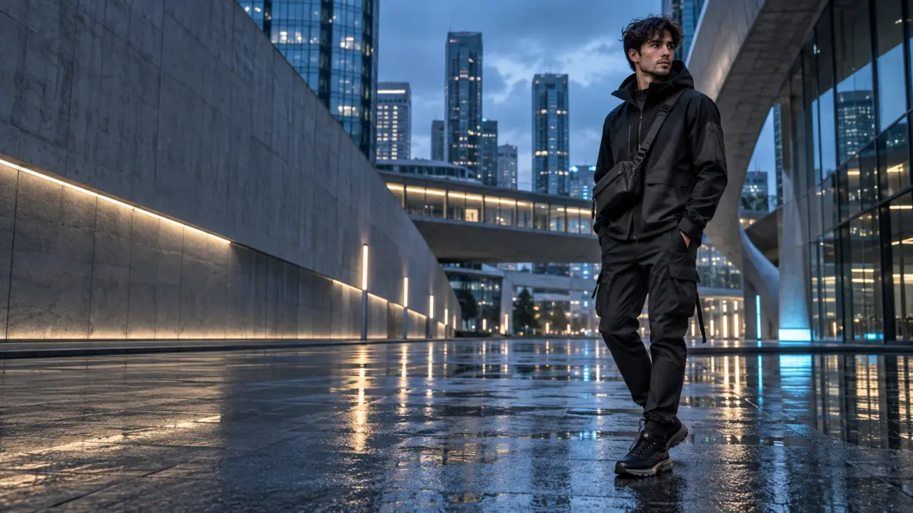 Silhouette urbaine portant un look techwear futuriste sous des lumières néon