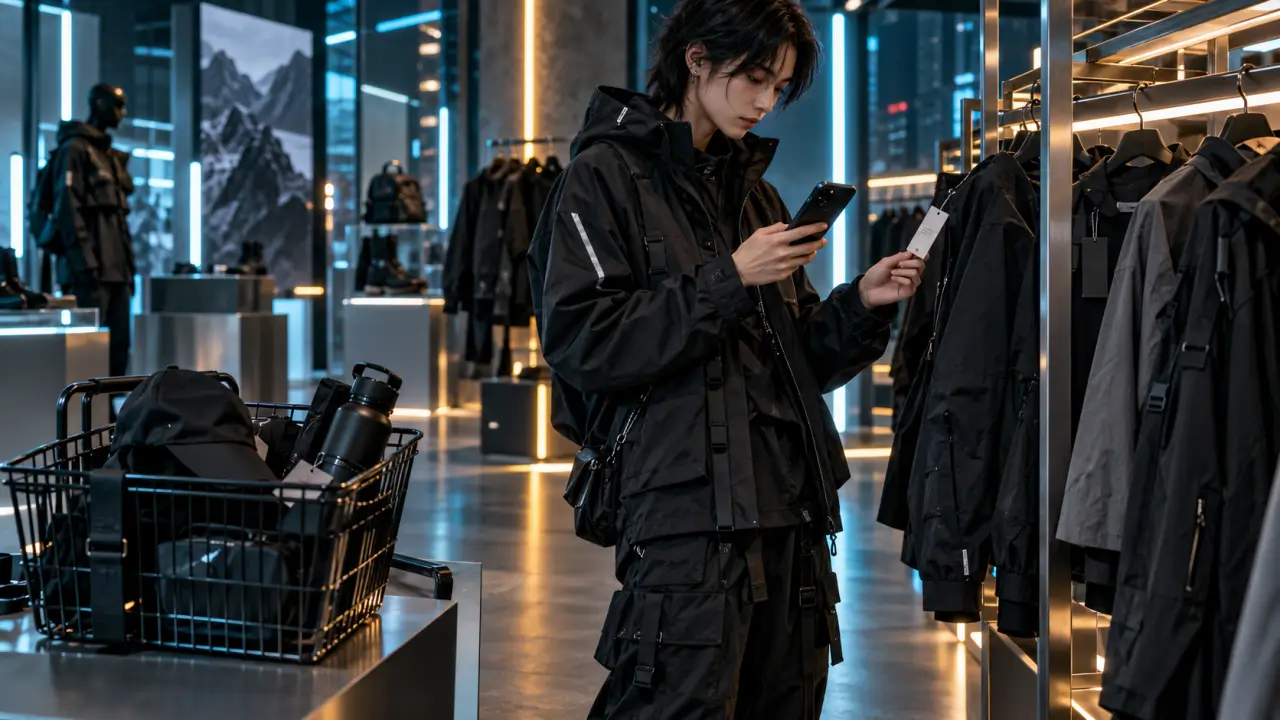Tenue techwear noire portée dans un décor urbain aux lumières néon