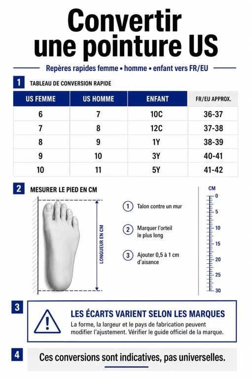 Infographie taille americaine chaussure avec conversion US femme, homme et enfant vers FR/EU