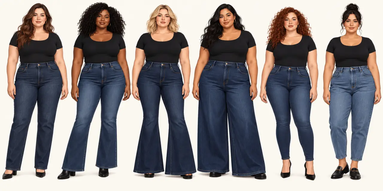 Comparaison des coupes de jean femme ronde : droite, bootcut, flare, wide leg, skinny et mom