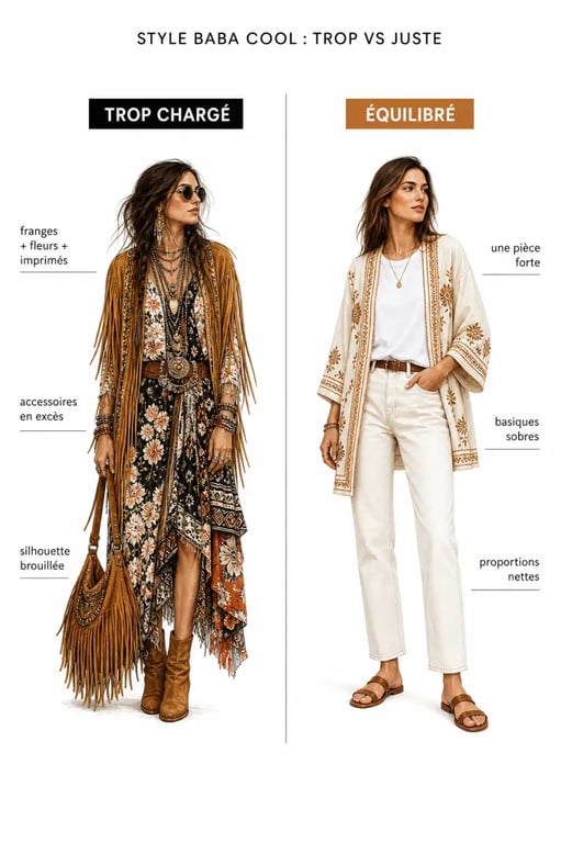 Style baba cool : comparaison entre tenue trop chargée et tenue équilibrée