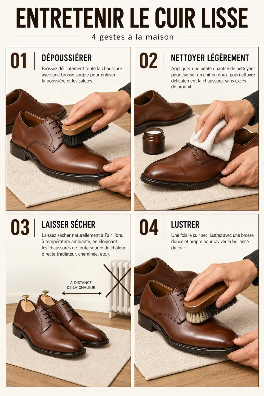 Étapes illustrées pour nettoyer des chaussures en cuir lisse avec brossage, séchage et lustrage