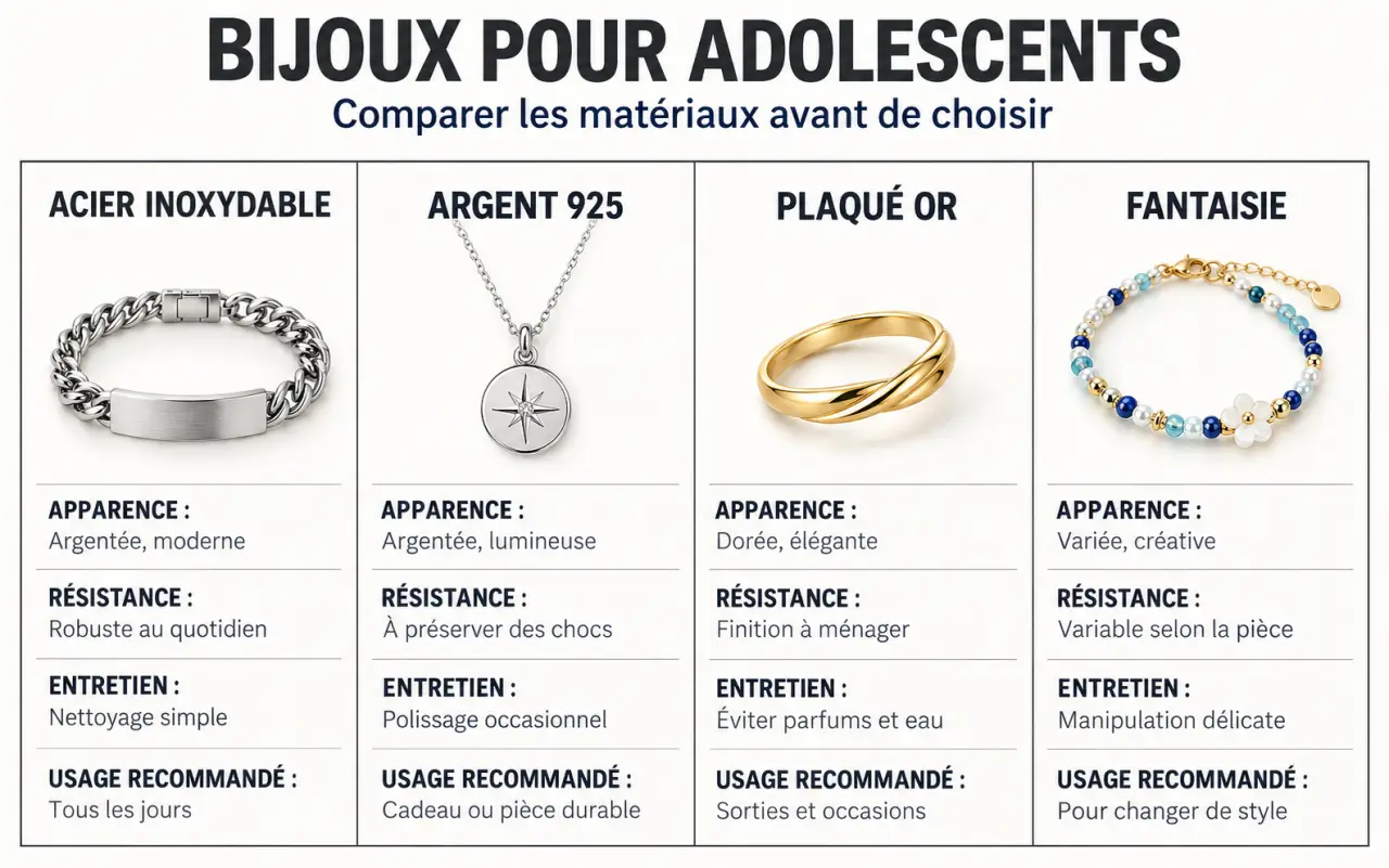 Comparatif visuel des matériaux pour choisir des bijoux adolescent