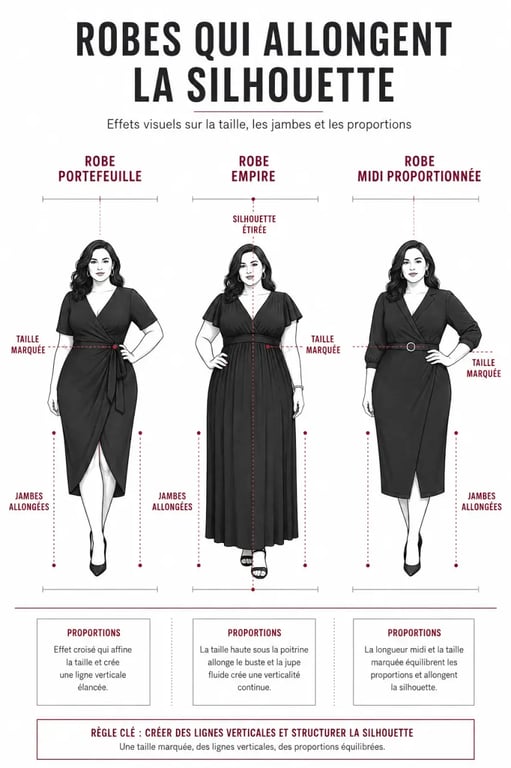 Robe amincissante pour femme ronde et petite : comparaison visuelle des coupes portefeuille, empire et midi