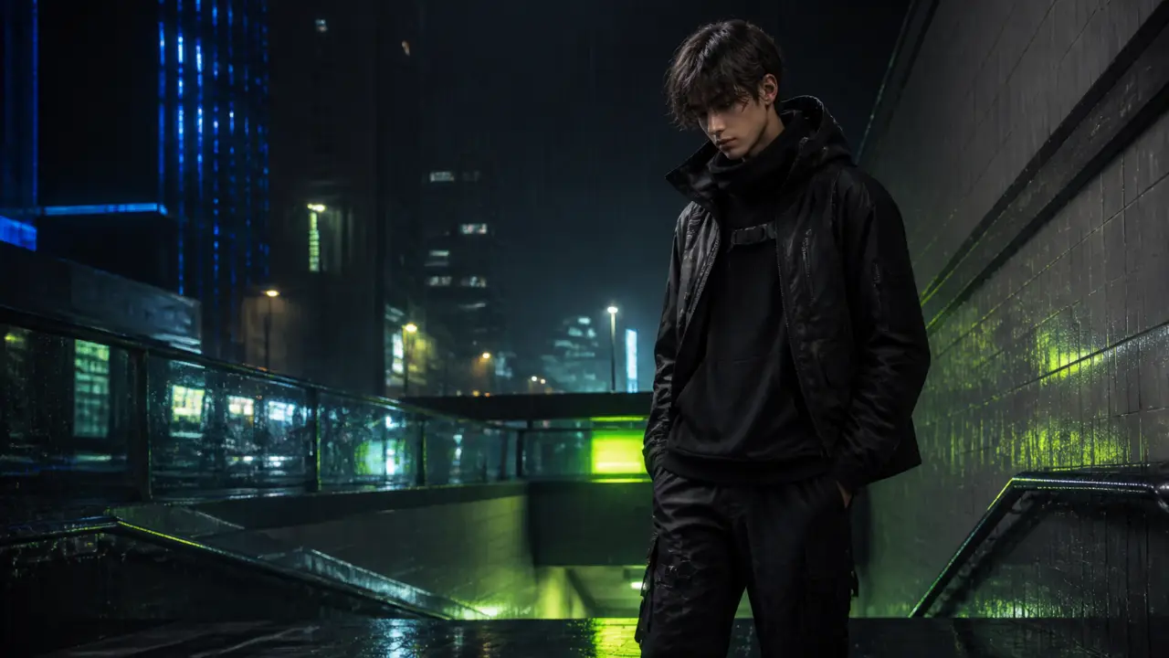 Tenue techwear futuriste en environnement urbain nocturne