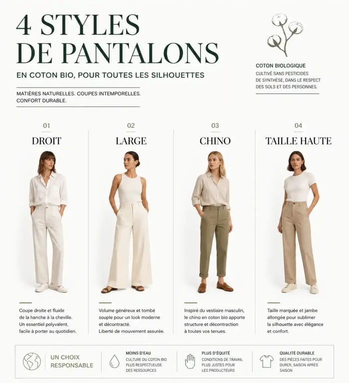 Infographie comparative des coupes de pantalon coton bio femme pour choisir le modèle adapté à sa morphologie