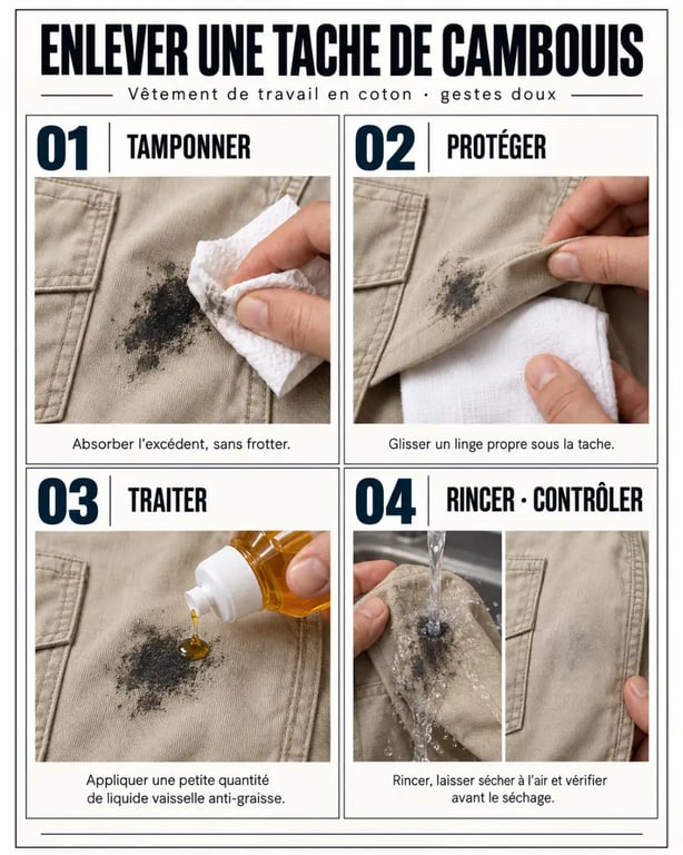 Enlever tache de graisse mécanique sur vêtement : étapes de tamponnage, dégraissage et contrôle avant séchage