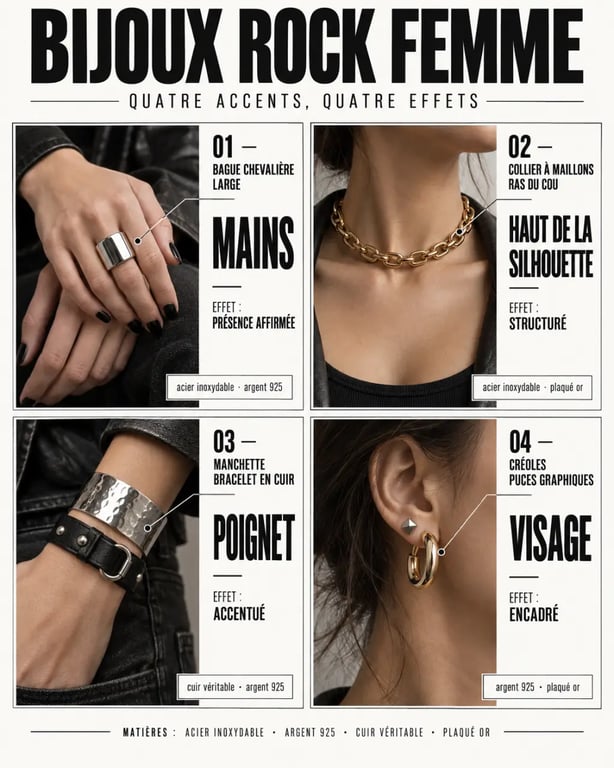 Infographie sur les bijoux rock femme et les effets des bagues, colliers, bracelets et boucles d'oreilles