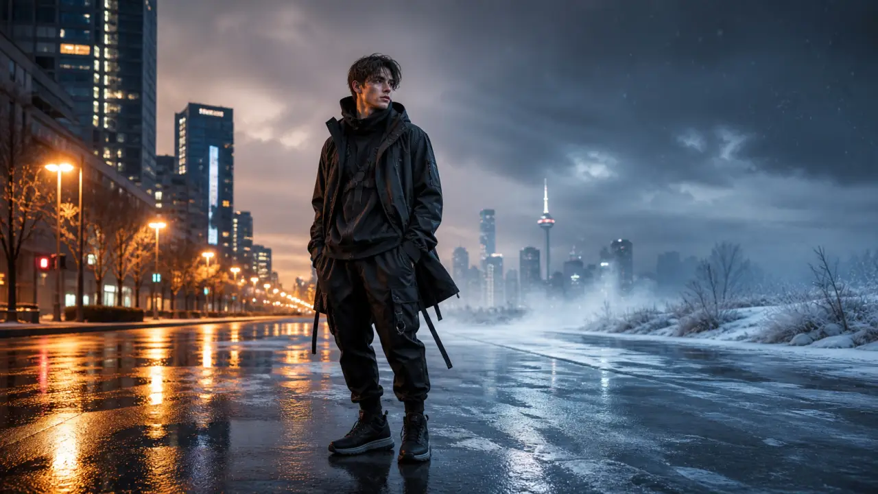 Tenue streetwear futuriste oversize dans une ambiance néon urbaine
