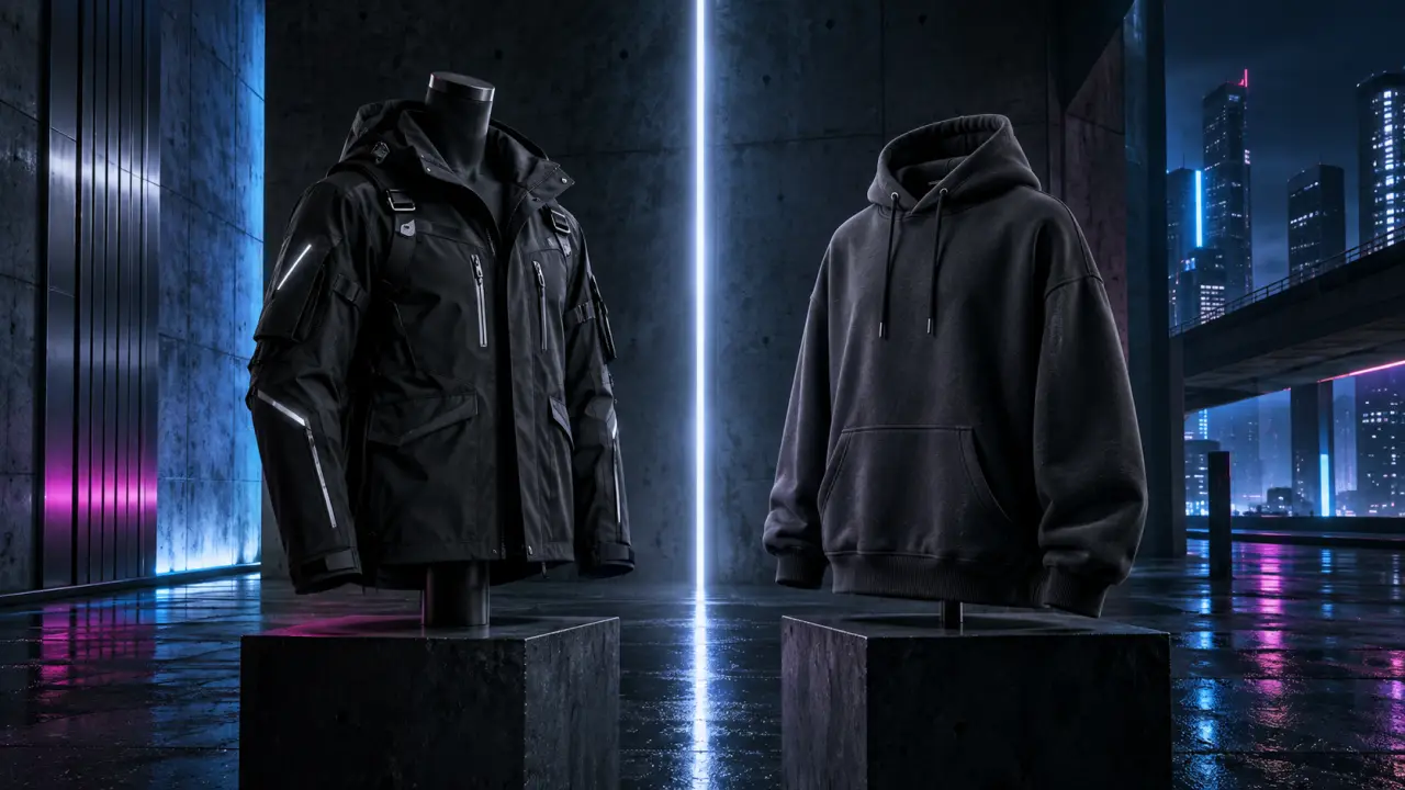 Silhouette urbaine portant une veste Cyber Tech et un hoodie oversize sous des lumières néon