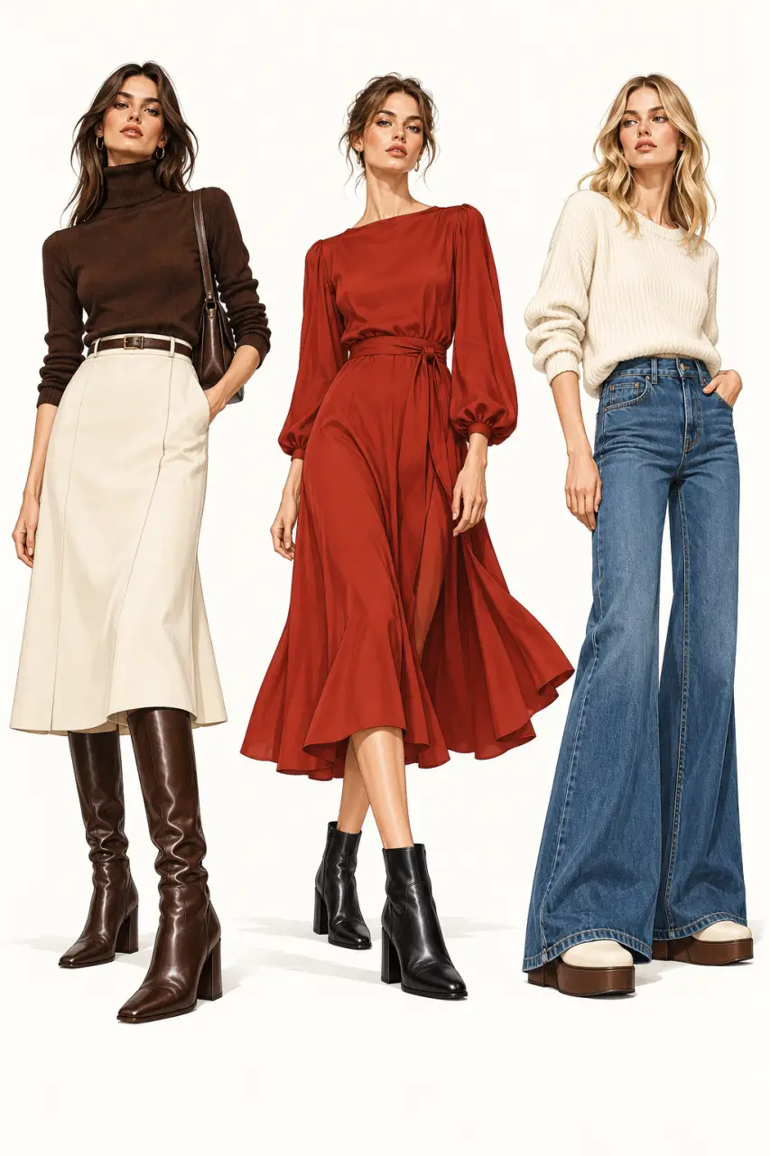 Idées de tenue avec une chaussure femme année 70 et des vêtements actuels