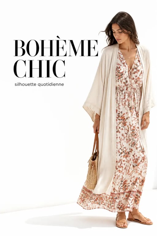 Tenue hippies femme bohème chic au quotidien avec robe longue fleurie et kimono fluide