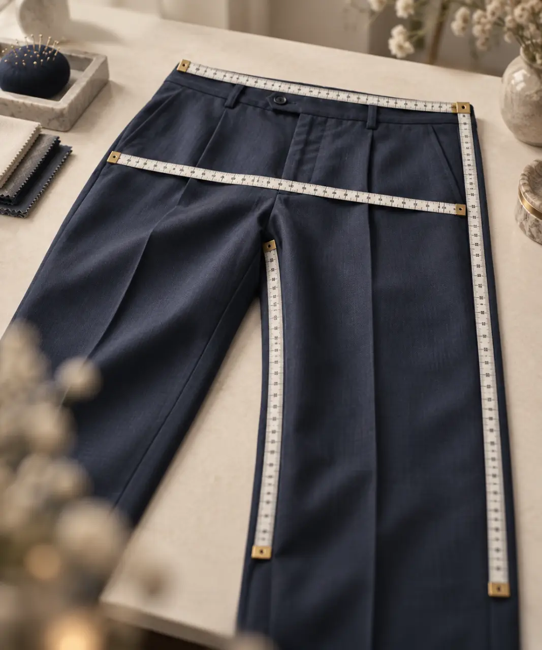 Les mesures du pantalon se jouent à quatre repères, avec un ruban bien placé