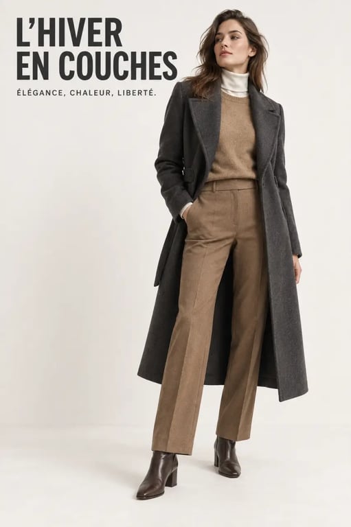 Exemple de tenue d’hiver femme chic avec superposition de couches et manteau long