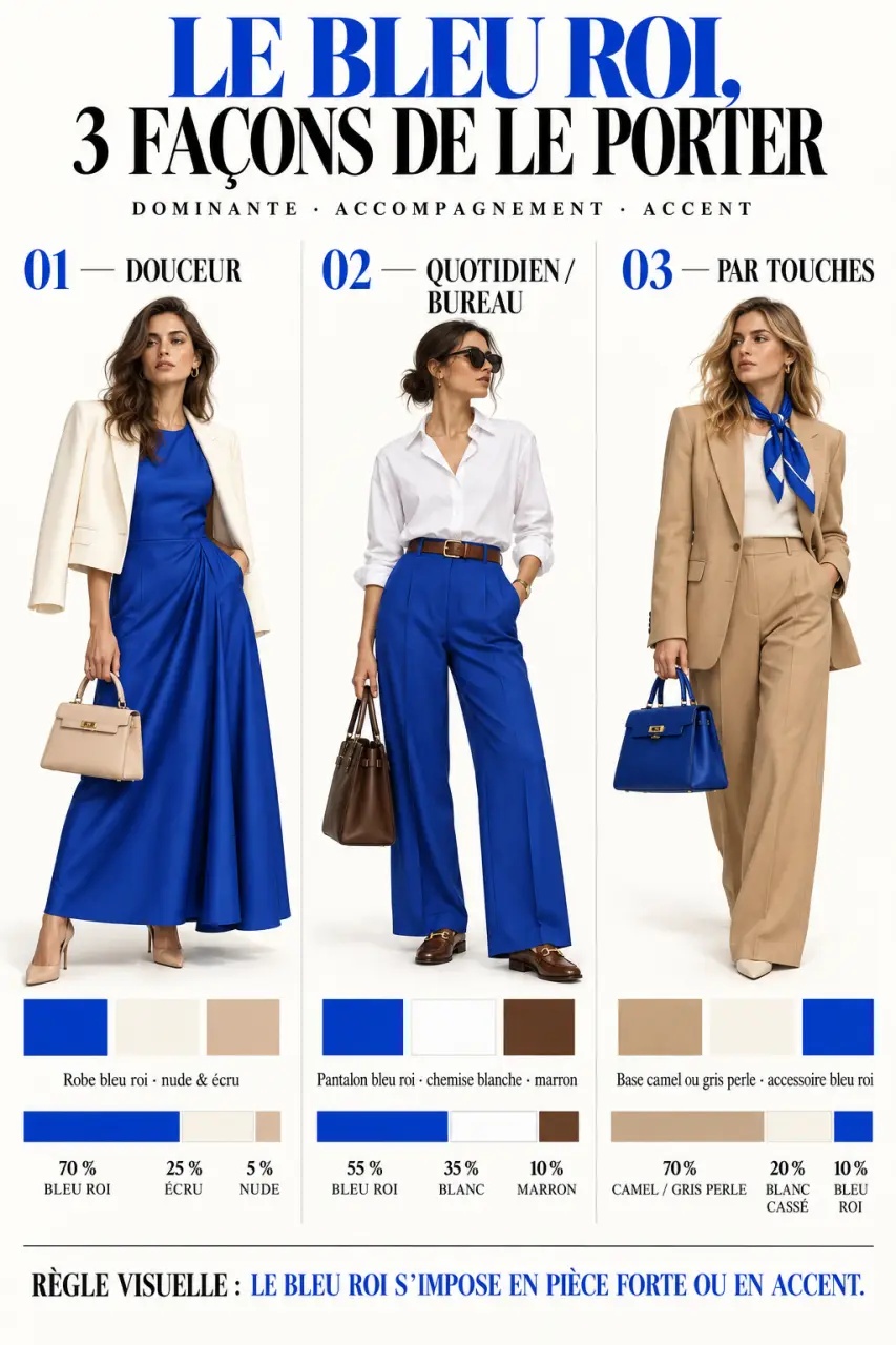 Looks illustrant quelle couleur va avec le bleu roi vêtement selon la pièce et l’occasion