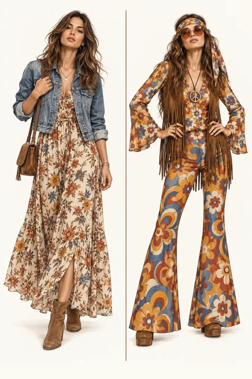 Tenue hippie femme au quotidien et déguisement flower power comparés