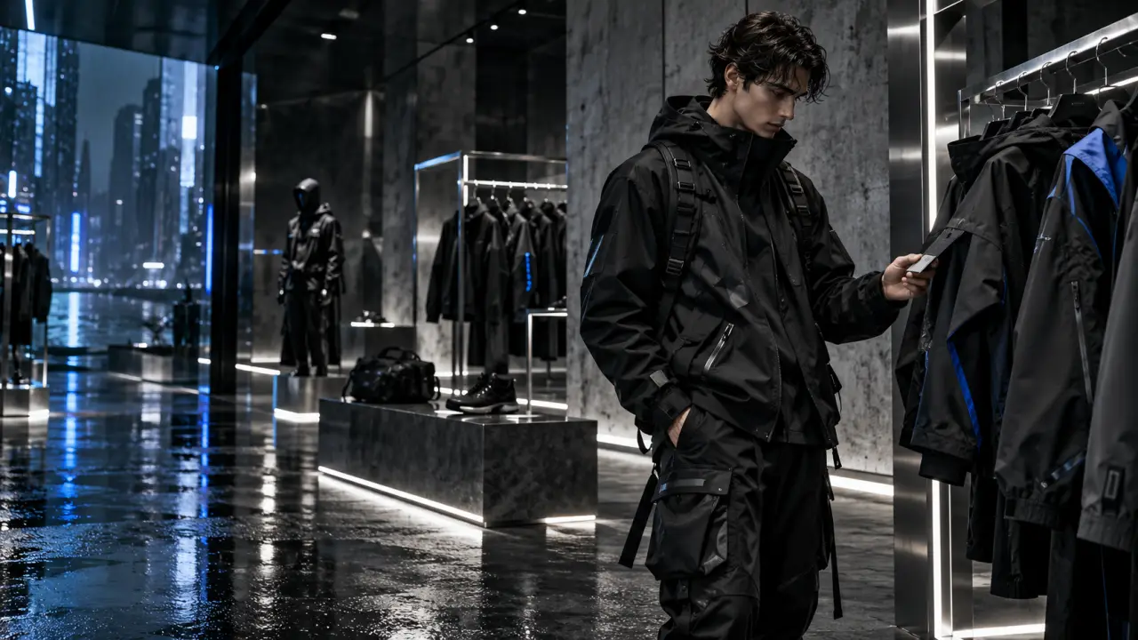 Silhouette urbaine portant une tenue techwear noire dans un décor futuriste