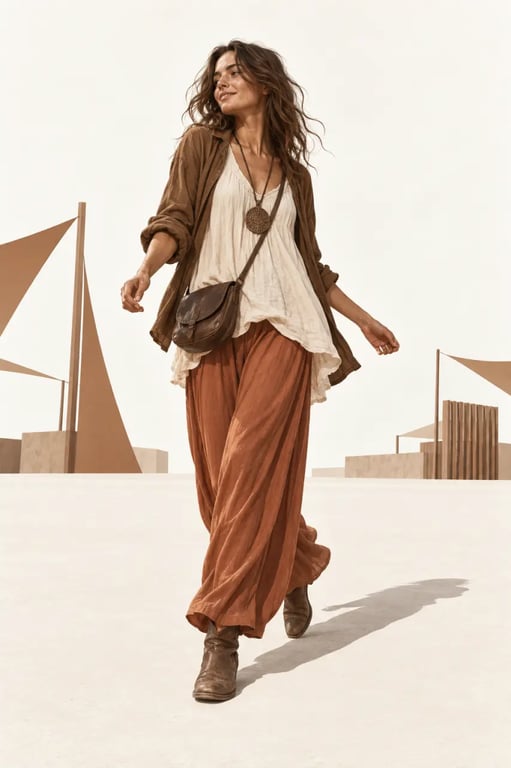 Tenue hippie femme confortable avec pantalon ample et sac pratique pour un festival