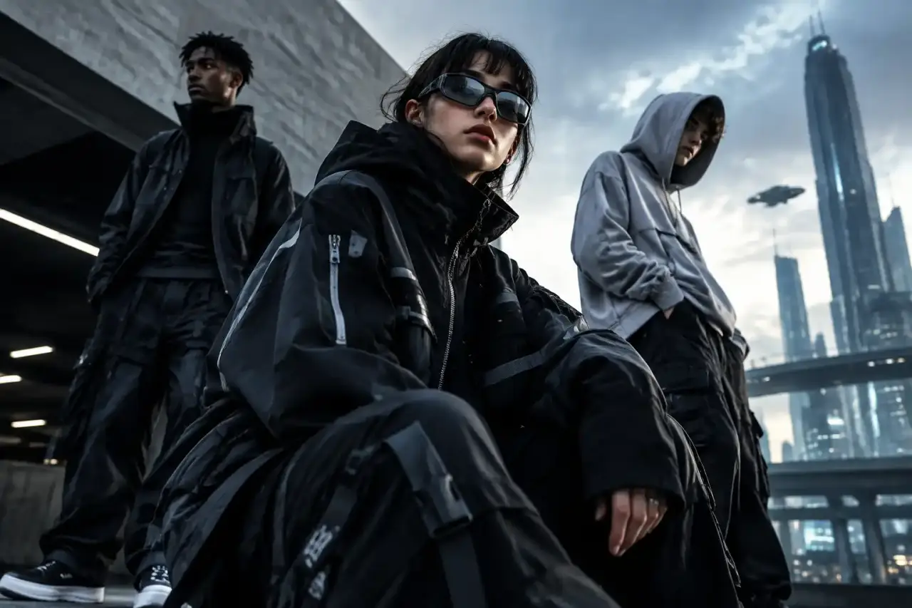 Silhouette urbaine techwear et futuriste dans la nuit